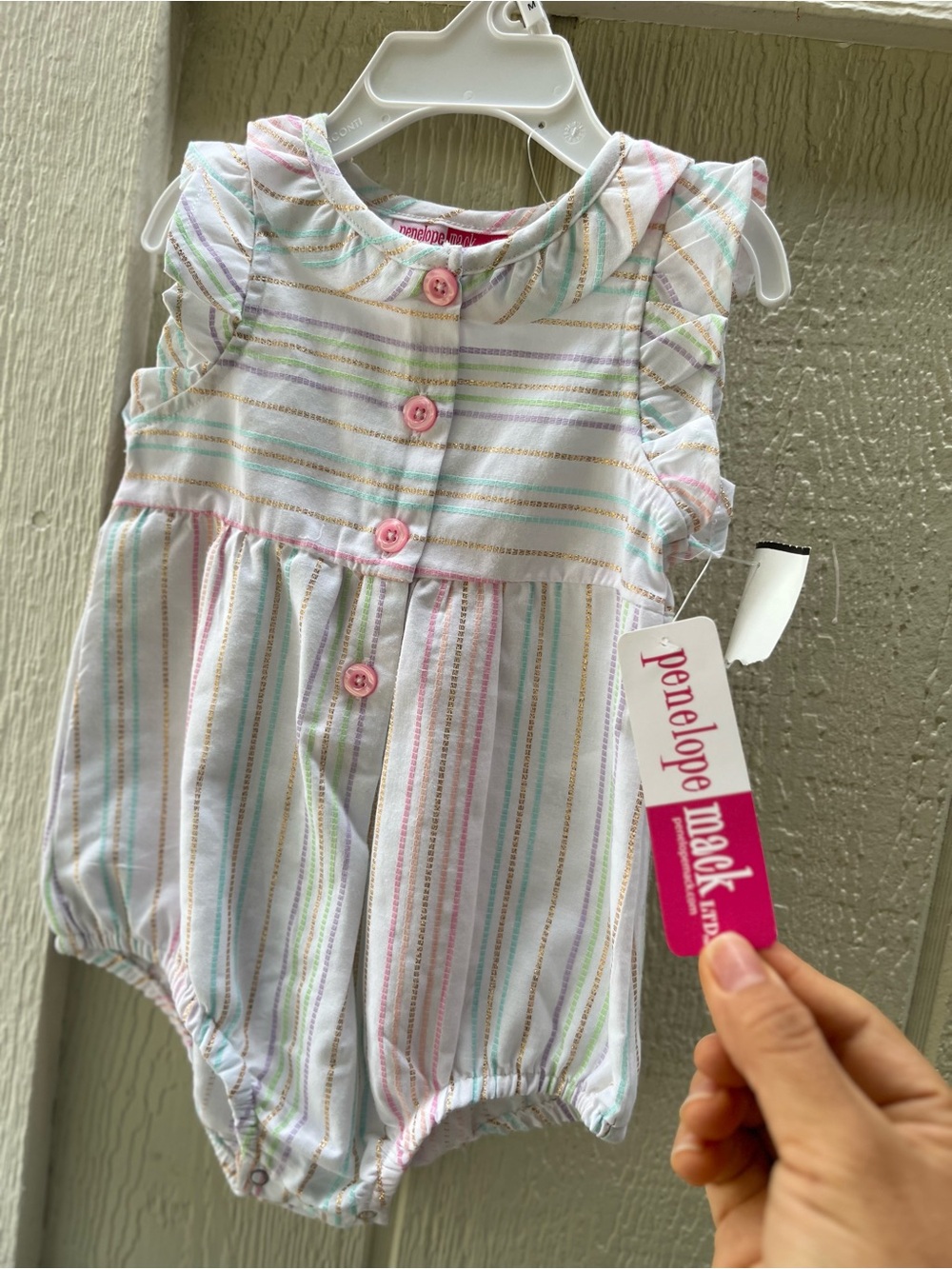 NWT Penelope Mack White Baby Girl Pastel Stripe Romper